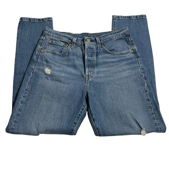 Levis 501 Womens Jeans Size 28 Button Fly Straight Medium Wash Distressed Denim - Picture 4 of 12